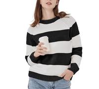Simple&Opulence Women's Striped Colour Block Chenille Jumper, Warm Casual Long Sleeve Crewneck Pullover Sweater Trendy Knitted Sweatshirt, Black/White, M