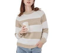 Simple&Opulence Women's Striped Colour Block Chenille Jumper, Warm Casual Long Sleeve Crewneck Pullover Sweater Trendy Knitted Sweatshirt, Khaki/White, M