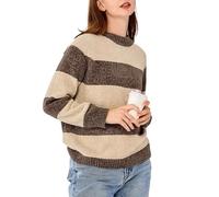 Simple&Opulence Women's Striped Colour Block Chenille Jumper, Warm Casual Long Sleeve Crewneck Pullover Sweater Trendy Knitted Sweatshirt, Coffee/Khaki, S