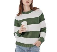 Simple&Opulence Women's Striped Colour Block Chenille Jumper, Warm Casual Long Sleeve Crewneck Pullover Sweater Trendy Knitted Sweatshirt, Olive Green/White, M