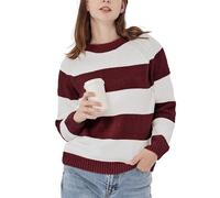 Simple&Opulence Women's Striped Colour Block Chenille Jumper, Warm Casual Long Sleeve Crewneck Pullover Sweater Trendy Knitted Sweatshirt, Burgundy/White, L