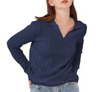 Simple&Opulence Womens V Neck Jumpers, Laple Collar Elegant Pullover Long Sleeve Sweater, Ladies Warm Knitwear Sweatshirts for Autumn Winter, L, Navy Blue