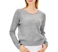 Simple&Opulence Women's Wool Blended Jumpers, Crew Neck Pullover with a Button, Cozy Elegant Sweater, Long Sleeve Warm Knit Top for Fall/Winter,Grey,M