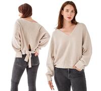 Simple&Opulence Women's Wool Blended Jumpers, Ladies V-Neck Back Tie Soft Sweatshirt, Long Sleeve Loose Sweater for Spring, Autumn, Winter, M, Light Camel