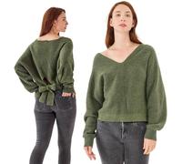 Simple&Opulence Women's Wool Blended Jumpers, Ladies V-Neck Back Tie Soft Sweatshirt, Long Sleeve Loose Sweater for Spring, Autumn, Winter, S, Olive Green