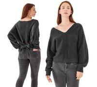 Simple&Opulence Women's Wool Blended Jumpers, Ladies V-Neck Back Tie Soft Sweatshirt, Long Sleeve Loose Sweater for Spring, Autumn, Winter, S, Black