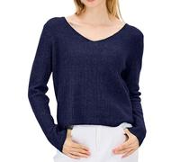 Simple&Opulence Women's Wool Blended Jumpers,V Neck Pullover Long Sleeve Sweaters,Basic Ribbed Slim Fit Sweater Fall Winter Knit Tops,Dark Blue,S