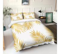 Simple Palm Leaves Super King Duvet Cover Sets Reversible Bedding 3 Pcs With Zipper Closure Easy Care Breathable Ultra Soft Microfiber Duvet Cover Set with Pillowcases White, Gold Duvet Cover