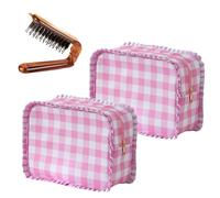 Simple plaid ruffle portable Cosmetic Bag with a Foldable Boar Bristle Styling Comb Travel Toiletry Bag Cosmetics Mini Storage Bag Women's Best Friend, 2-pack (pink + a comb), Casual