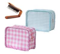 Simple plaid ruffle portable Cosmetic Bag with a Foldable Boar Bristle Styling Comb Travel Toiletry Bag Cosmetics Mini Storage Bag Women's Best Friend, 2-pack (pink + sky blue + a comb), Casual