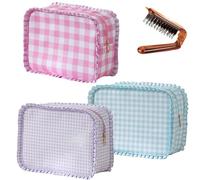 Simple plaid ruffle portable Cosmetic Bag with a Foldable Boar Bristle Styling Comb Travel Toiletry Bag Cosmetics Mini Storage Bag Women's Best Friend, 3-pack (purple + pink + sky blue + a comb
