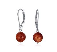 Simple Plain Basic Plain Round Brown Golden Sandstone Bead Drop Ball Dangle Lever back Earrings For Women .925 Sterling Silver