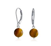 Simple Plain Basic Plain Round Brown Tiger-Eye Bead Drop Ball Dangle Lever back Earrings For Women .925 Sterling Silver