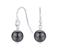 Simple Plain Basic Round Hematite Bead Ball Dangle French Fish Hook Wire Earrings For Women Teen Metallic Silver Grey .925 Sterling Silver