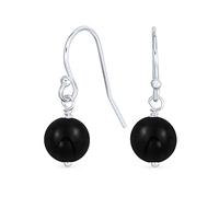 Simple Plain Basic Round Onyx Bead Ball Dangle French Fish Hook Wire Earrings For Women Teen Black.925 Sterling Silver