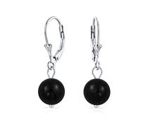 Simple Plain Basic Round Onyx Bead Ball Dangle Lever back Earrings For Women Teen Black .925 Sterling Silver