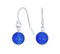 Simple Plain Blue Agate Gemstone Round Dangle French Fish Hook Wire Ball Drop Earrings For Women .925 Sterling Silver