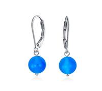 Simple Plain Blue Agate Gemstone Round Dangle Lever back Ball Drop Earrings For Women .925 Sterling Silver
