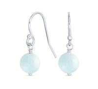 Simple Plain Blue Aquamarine Gemstone Round Dangle French Fish Hook Wire Ball Drop Earrings For Women .925 Sterling Silver