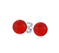 Simple Plain Dyed Gemstone Red Carnelian Ball Round Stud Earrings For Women Teen .925 Sterling Silver 10MM