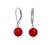 Simple Plain Gemstone Dyed Red Natural Coral Ball Round Drop Dangle Earrings For Women Teen .925 Sterling Silver