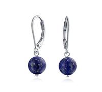 Simple Plain Navy Blue Lapis Lazuli Gemstone Round Dangle Lever back Ball Drop Earrings For Women .925 Sterling Silver