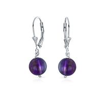 Simple Plain Round Bead Purple Amethyst Lever back Ball Drop Earrings For Women .925 Sterling Silver February Birthstone