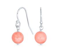 Simple Plain Soft Pink Coral Gemstone Round Dangle French Fish Hook Wire Ball Drop Earrings For Women .925 Sterling Silver
