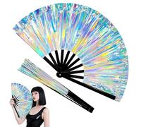 Simple polymer Unfolds 23*13 Inch Large Folding Hand Fans Handheld Fan Large Clack Hand Kung Fu Fan for Party, Music Festival, Club, Gift(Silver)