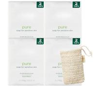 Simple Pure Soap 8 Bars (4 x Twin Packs); Exfoliating Soap bag - Pure & Gentle Soap Bar for sensitive skin, No perfume & Free Hypoallergenic Soap Bar for Face Body Hands, Gentle Cleanser Bundle