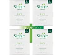 Simple Pure Soap for Sensitive Skin, Vegan Friendly, No Perfume, 4x Twin Packs, Gentle Cleanser Soap Bar with Thank You Card