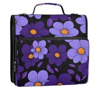Simple Purple Flowers Black Background 1.5-Inch 3-Rings Zippered Binder Bag with Handle and Removable Shoulder Strap Multiple Pockets School Binders Organizer Suitable for Middle School Encuadernador