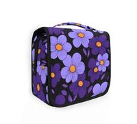 Simple Purple Flowers Black Background Make up Bags for Women with Hanging Hook Foldable Shave kit Gym