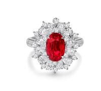 Simple Ring, Silver Rings Knuckle Flower and 4 Claws Oval with 3.01Ct Created Ruby and Moissanite 18K White Gold Size H 1/2