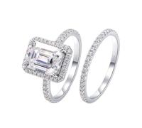 Simple Rings for Women, Bridal Wedding Rings 18K White Gold Ring Set with 4 Claws Rectangle Shaped 7x9mm 3ct Moissanite Size N 1/2