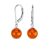 Simple Round Basic Gemstone Honey Cognac Amber 8MM Bead Ball Drop Dangle Earrings For Women Teen Lever back .925 Sterling Silver