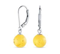 Simple Round Basic Gemstone Lemon Yellow Amber 8MM Bead Ball Drop Dangle Earrings For Women Teen Lever back .925 Sterling Silver