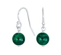 Simple Round Bead Dark Green Malachite Gemstone French Fish Hook Wire Ball Drop Earrings For Women Teen.925 Sterling Silver