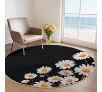 Simple Round Rug 100 cm, Washable Indoor Non-Slip Circle Carpet with Cute White Daisies Pattern, Black Soft Foldable Non Shedding for Bedroom Living Room Playroom Lounge Decor