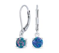 Simple Round Solitaire Black Created Opal Lever back Drop Dangle Earrings For Women .925 Sterling Silver