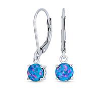 Simple Round Solitaire Blue Created Opal Lever back Drop Dangle Earrings For Women Sterling Silver October Birthstone