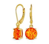 Simple Round Solitaire Orange Created Mexican Created Opal Lever back Drop Earrings 14K Gold Plated .925 Sterling Silver