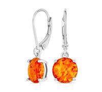 Simple Round Solitaire Orange Created Mexican Created Opal Lever back Drop Earrings Rhodium Silver Plated .925 Sterling Silver