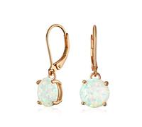 Simple Round Solitaire White Created Opal Lever back Dangle Drop Earrings Rose Gold Plated .925 Sterling Silver