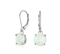 Simple Round Solitaire White Created Opal Lever back Drop Dangle Earrings For Women Sterling Silver October Birthstone