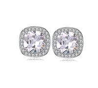 Simple Round Square Stud Earrings Cubic Zirconia Stud Earrings White Gold Square Halo Stud Earrings Hypoallergenic for Women & Girls-White