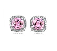 Simple Round Square Stud Earrings Cubic Zirconia Stud Earrings White Gold Square Halo Stud Earrings Hypoallergenic for Women & Girls pink
