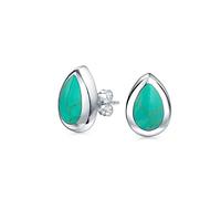 Simple Semi Precious Gemstone Teardrop Pear Shaped Stabilized Blue Turquoise Bezel Set Stud Earrings For Women .925 Sterling Silver