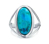 Simple Southwest Boho Style Large Dome Oval Cabochon Gemstone Bezel Set Blue Turquoise Western Statement Ring For Women Split Band .925 Sterling Silver