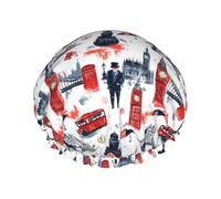 Simple Street Art Print Shower Caps for Women, Reusable Double Layers Elastic Band Long Hair Bath Caps for Shower